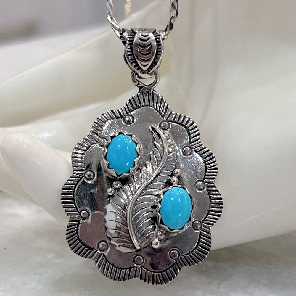 Arizona Sleeping Beauty Turquoise Sterling Silver Nature Leaf Pendant 18” Ne…